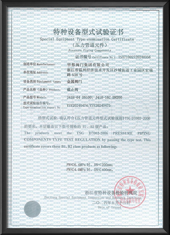 Special equipment type test certificate - globe valves
